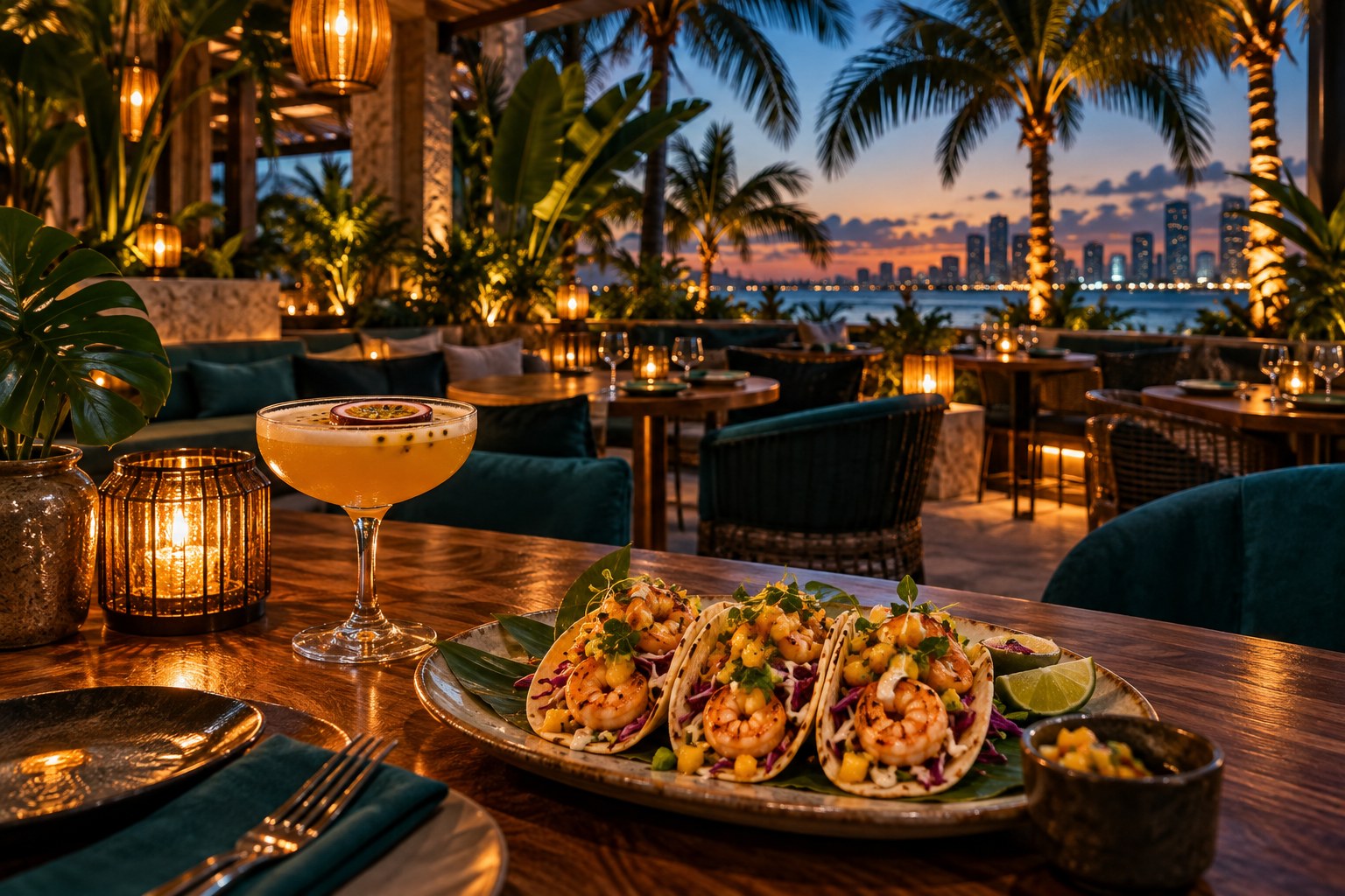 Tropical restaurant terrace at dusk, with tacos and a cocktail on the table